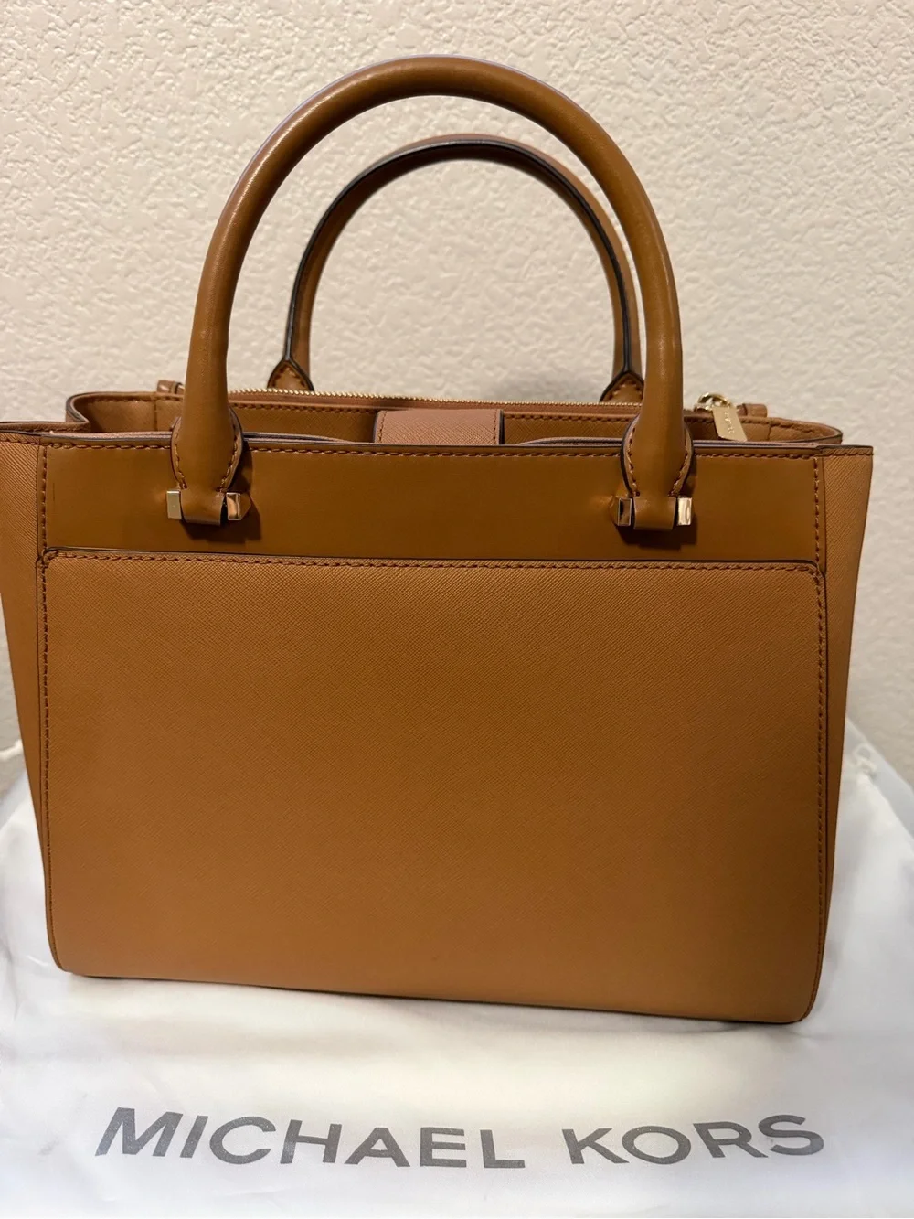 Michael Kors Cognac Saffiano Leather Satchel with Gold Charm